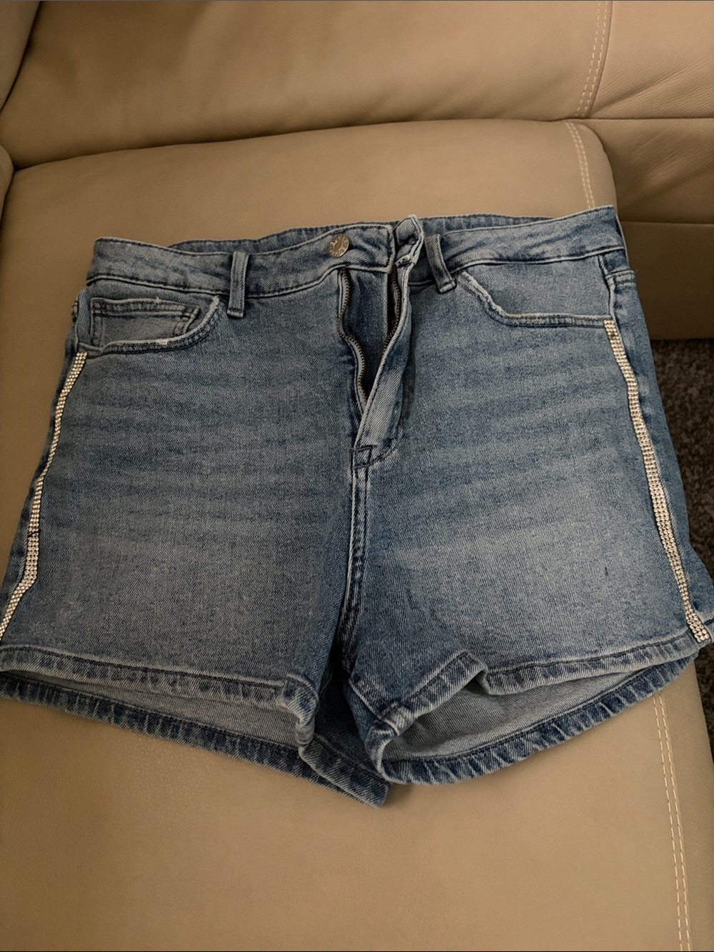 Guess rhinestone line blue denim shorts